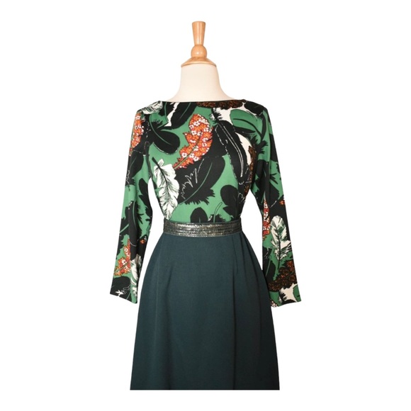 Vintage 70’s Hunter Green Novelty Feather Print Sequin Belt Maxi Dress - Picture 2 of 8